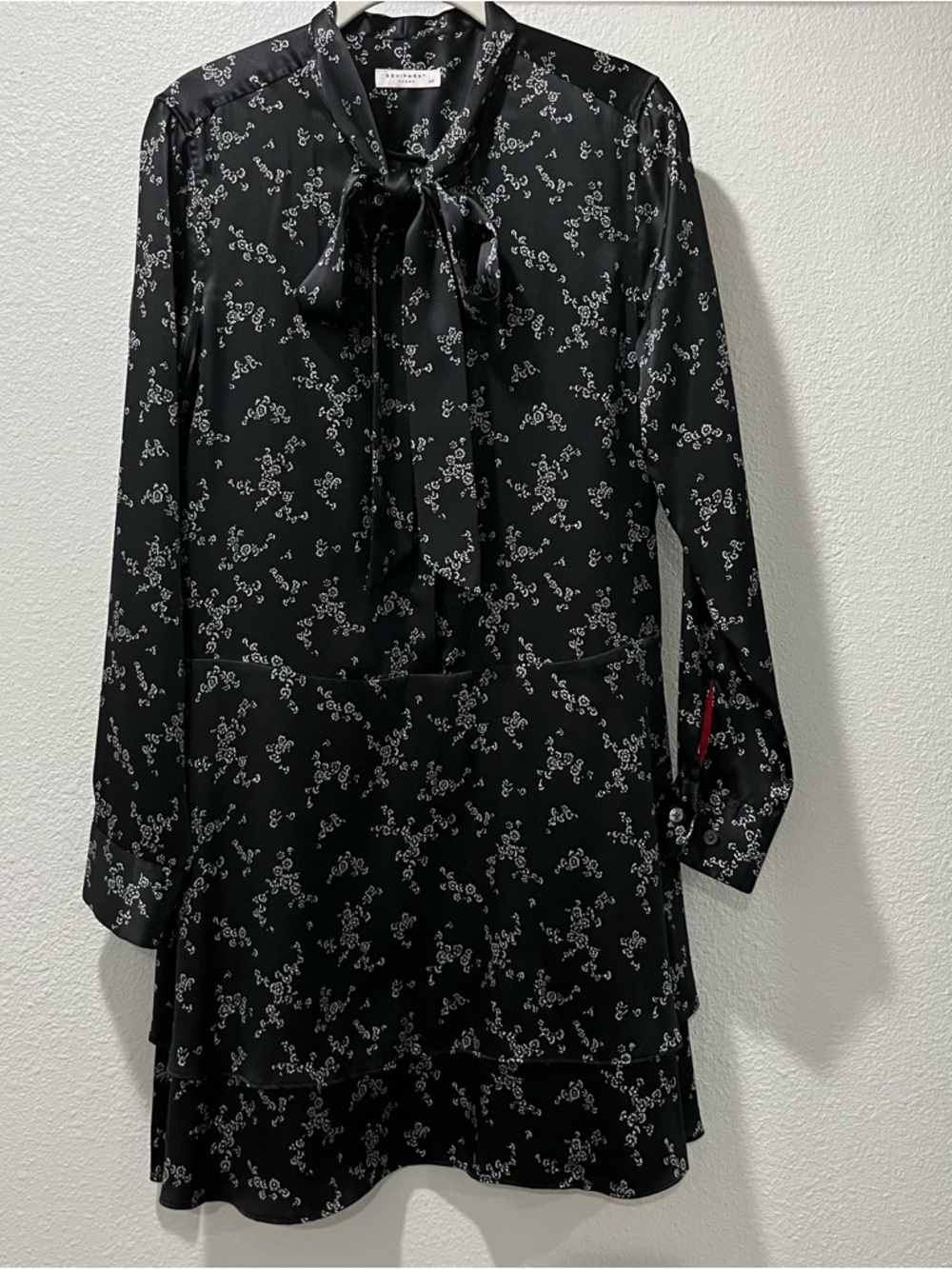 Equipment Black Floral Tie-Neck Long Sleeve silk Dress